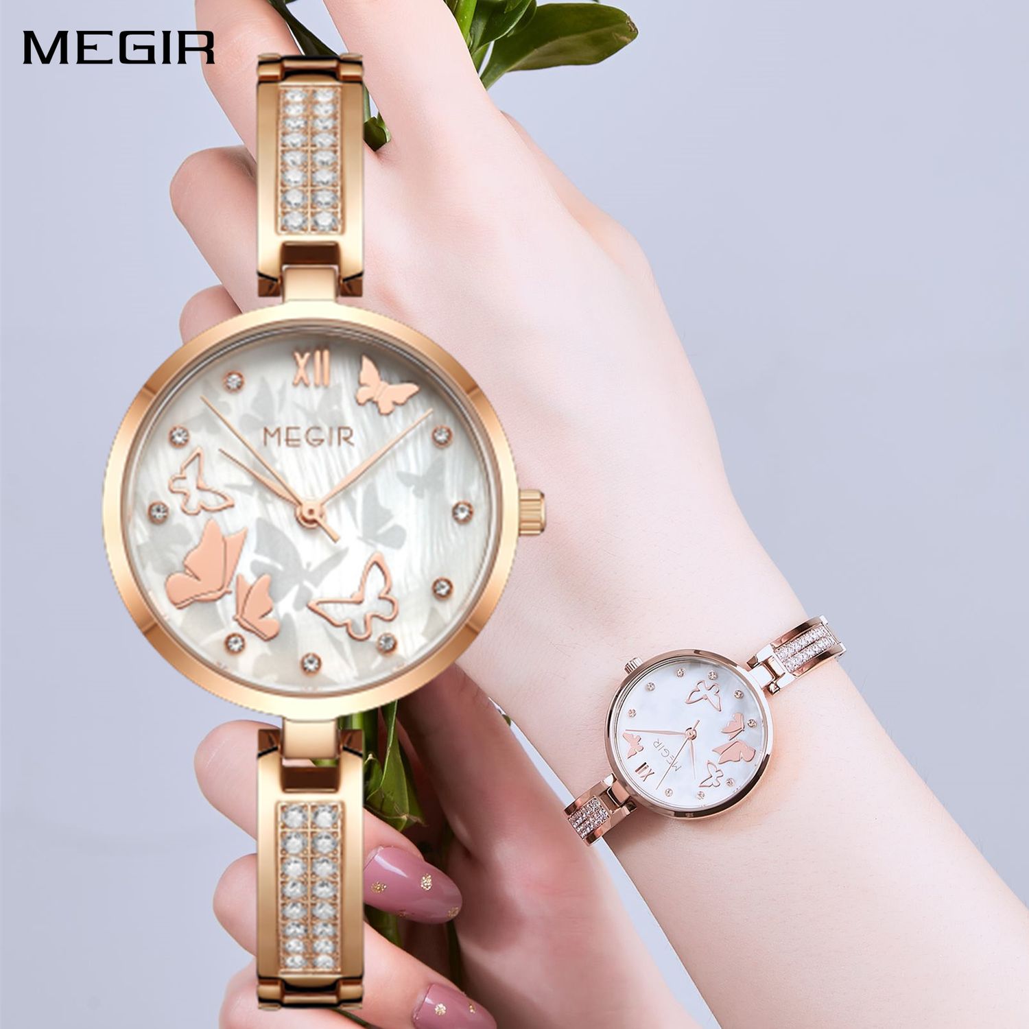MEGIR 7018 women's diamond quartz watch, rose-gold case, butterfly pearl dial and crystal bracelet, front and wrist