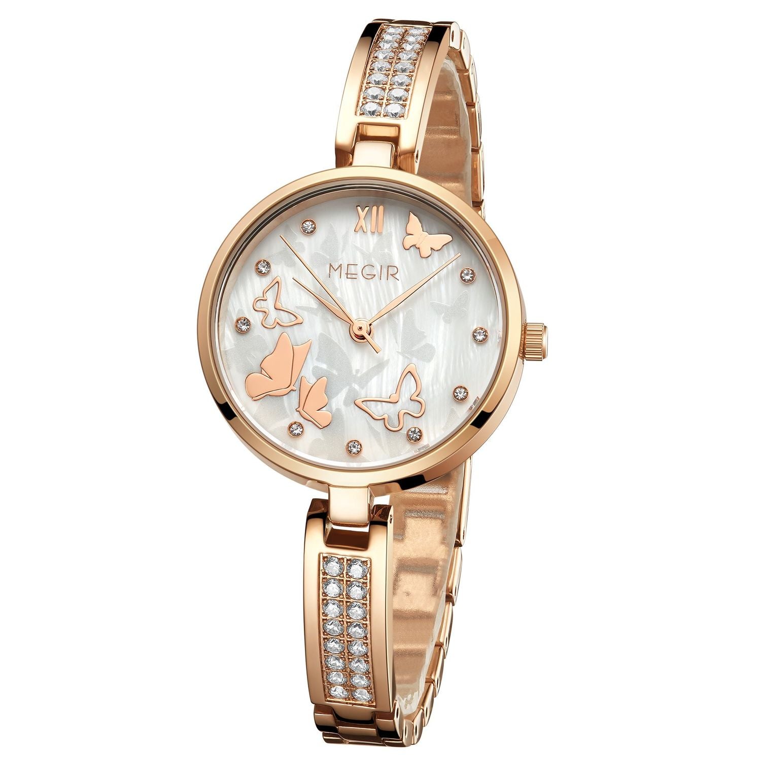 MEGIR 7018 women's diamond quartz watch, rose-gold case, butterfly mother-of-pearl dial and crystal bracelet, front