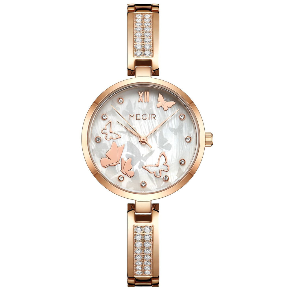 MEGIR 7018 women's diamond quartz watch, rose-gold case, butterfly dial and crystal bangle bracelet, front view