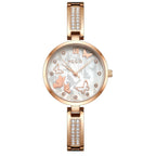 MEGIR 7018 women's diamond quartz watch, rose-gold case, butterfly dial and crystal bangle bracelet, front view