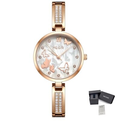 MEGIR 7018 women's diamond quartz watch, rose-gold case, butterfly pearl dial and crystal bracelet, with gift box
