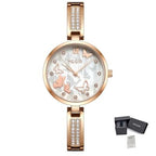 MEGIR 7018 women's diamond quartz watch, rose-gold case, butterfly pearl dial and crystal bracelet, with gift box