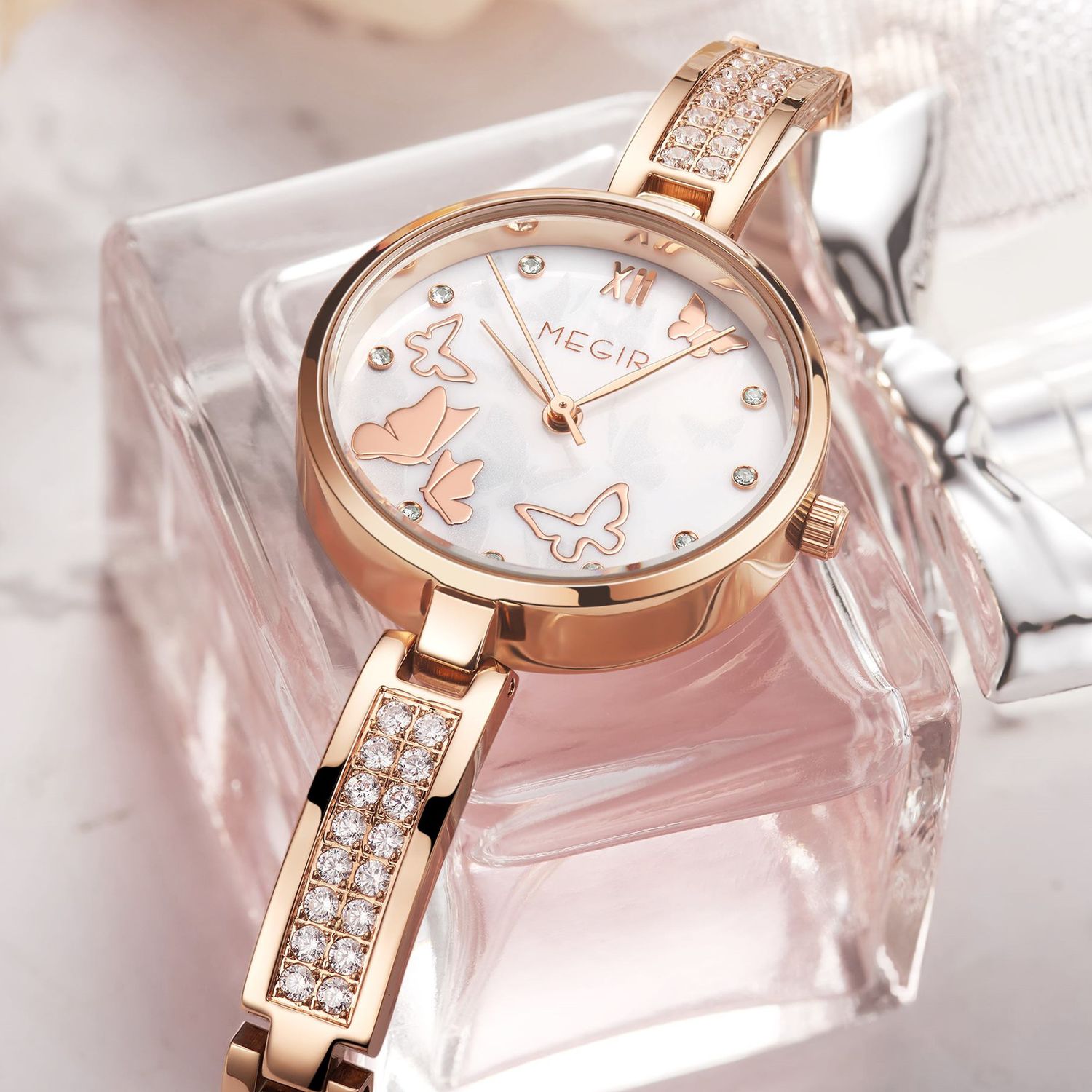 MEGIR 7018 women's diamond quartz watch, rose-gold case, butterfly dial and crystal bracelet, styled with perfume