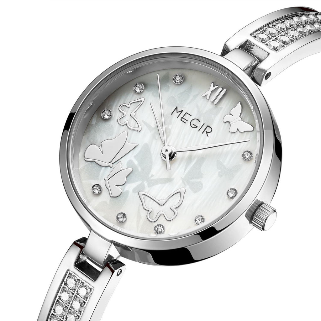 MEGIR 7018 women's diamond quartz watch, silver case, butterfly mother-of-pearl dial and crystal bracelet, angled