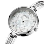 MEGIR 7018 women's diamond quartz watch, silver case, butterfly mother-of-pearl dial and crystal bracelet, angled