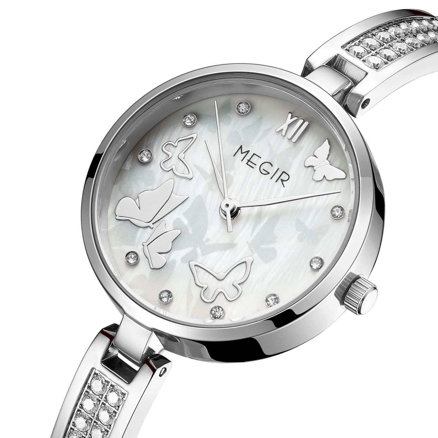 MEGIR 7018 women's diamond quartz watch, silver case, butterfly mother-of-pearl dial and crystal bracelet, angled