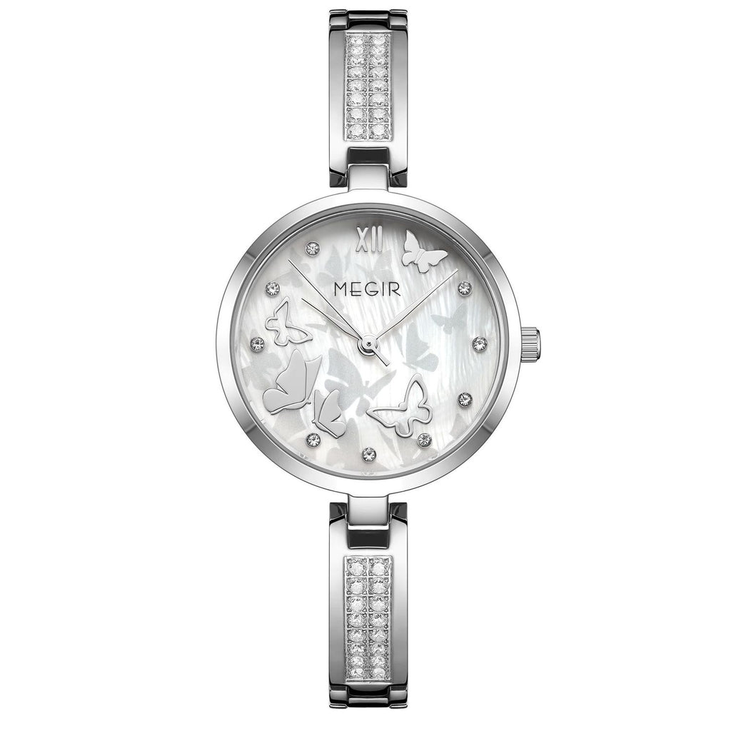 MEGIR 7018 women's diamond quartz watch, silver case, butterfly dial and crystal bangle bracelet, front view