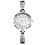 MEGIR 7018 women's diamond quartz watch, silver case, butterfly dial and crystal bangle bracelet, front view