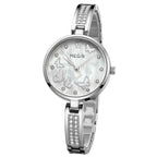 MEGIR 7018 women's diamond quartz watch, silver case, butterfly mother-of-pearl dial and crystal bracelet, front