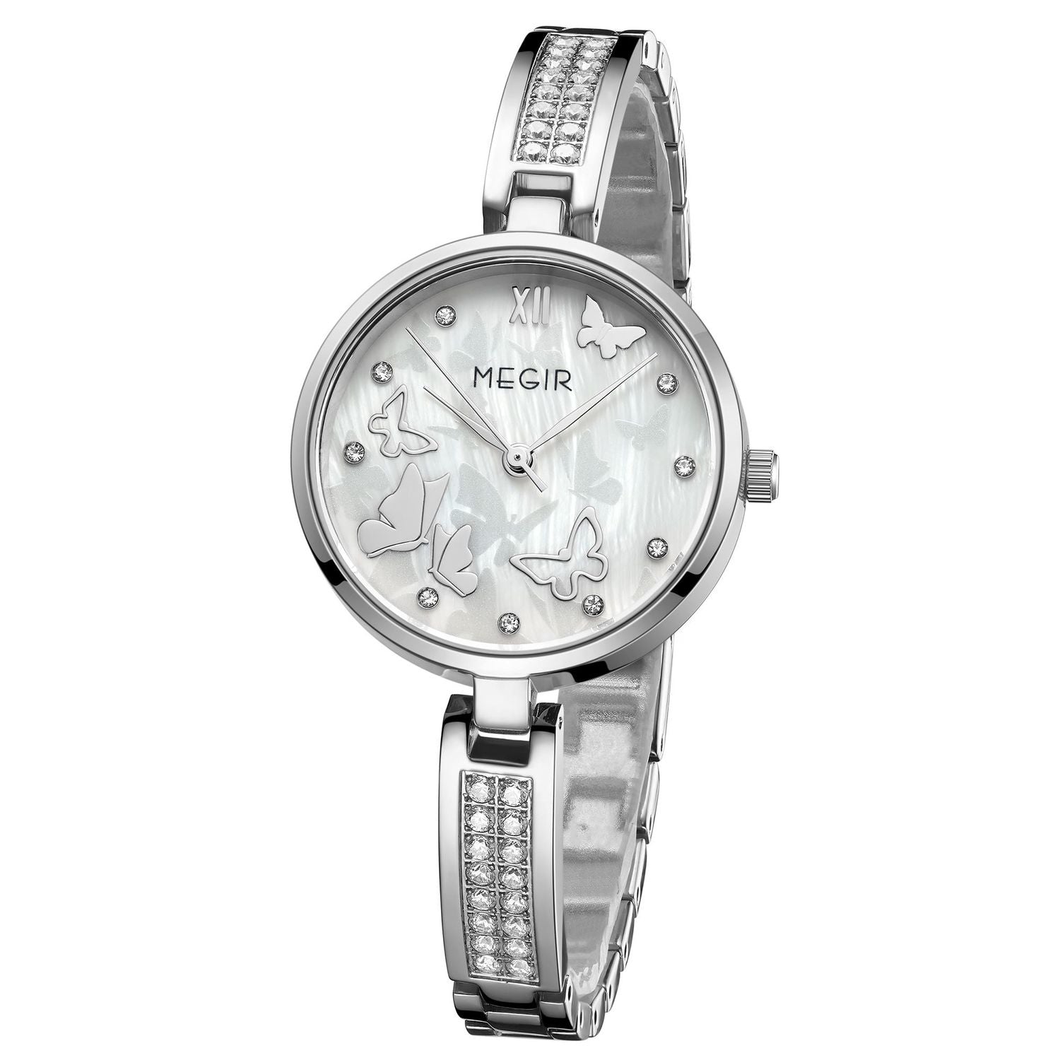 MEGIR 7018 women's diamond quartz watch, silver case, butterfly mother-of-pearl dial and crystal bracelet, front