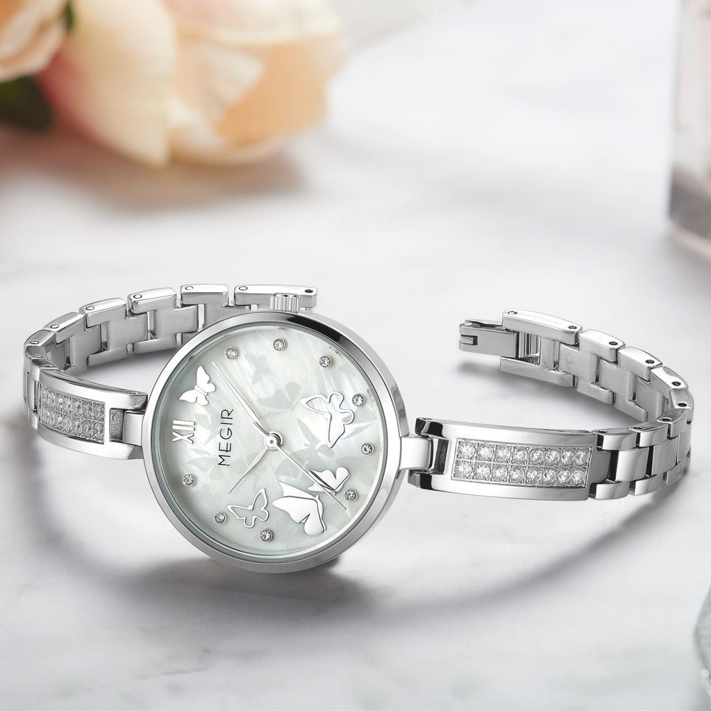 MEGIR 7018 women's diamond quartz watch, silver case, butterfly dial and crystal bracelet, styled on marble