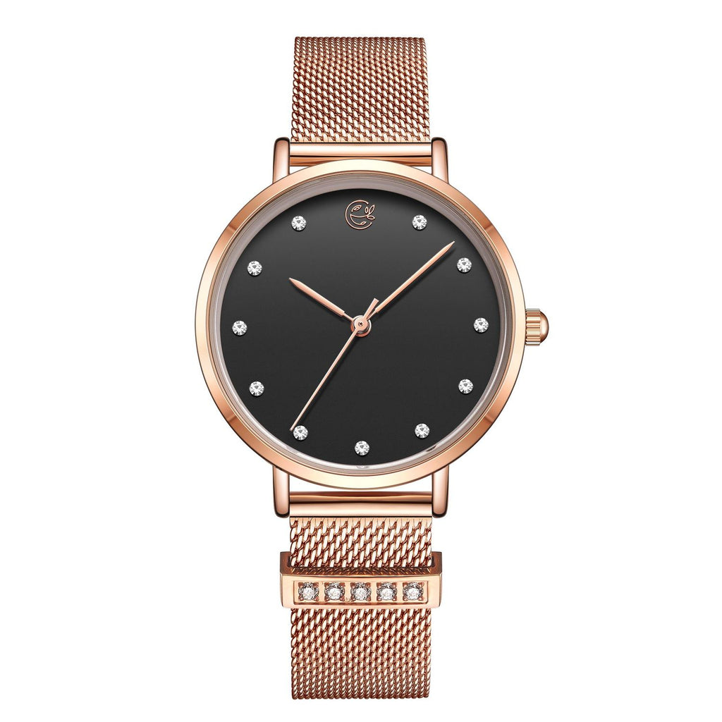 MEGIR 7022 women's quartz watch, black dial with crystal markers and rose-gold mesh bracelet, front view