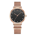 MEGIR 7022 women's quartz watch, black dial with crystal markers and rose-gold mesh bracelet, front view