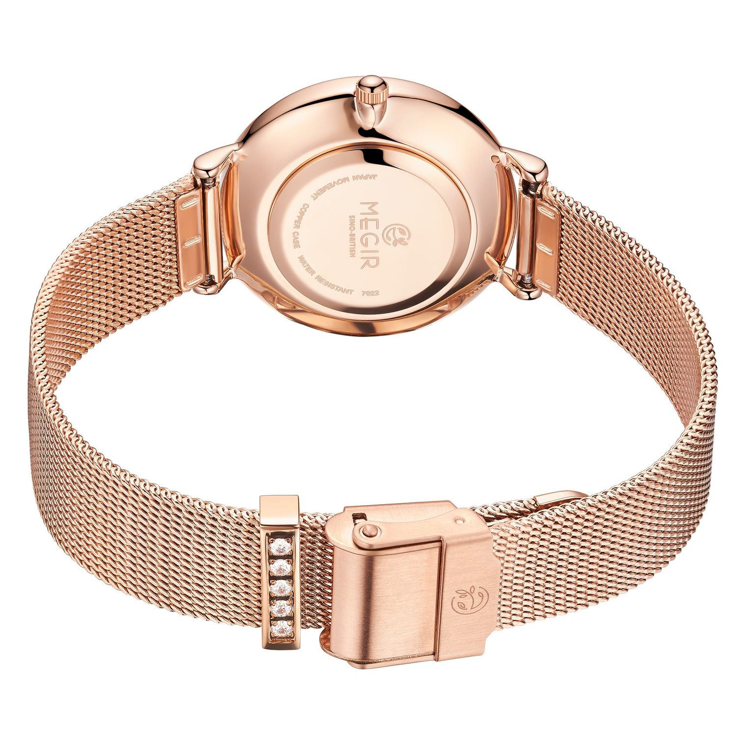 MEGIR 7022 quartz watch rose-gold-tone caseback with engraved branding and rose-gold mesh bracelet