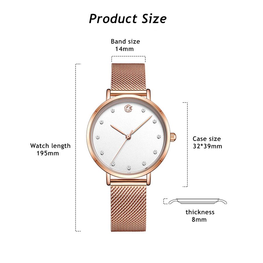 MEGIR 7022 women's quartz watch product size graphic with case, band and length dimensions, white model