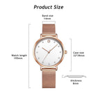MEGIR 7022 women's quartz watch product size graphic with case, band and length dimensions, white model