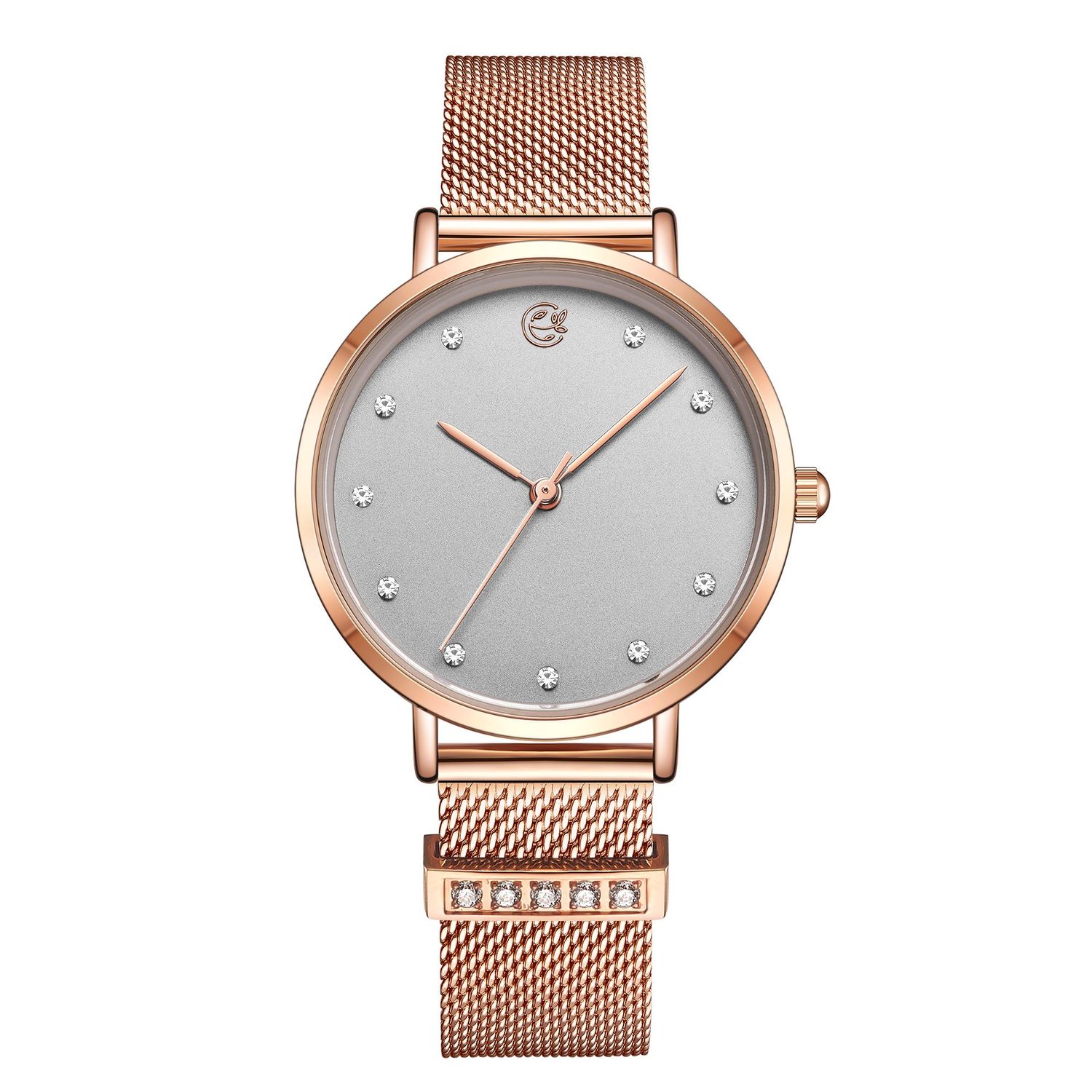 MEGIR 7022 women's quartz watch, silver-grey dial with crystal markers and rose-gold mesh bracelet, front view