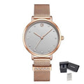 MEGIR 7022 women's quartz watch, silver-grey dial and rose-gold mesh bracelet, front view with gift box