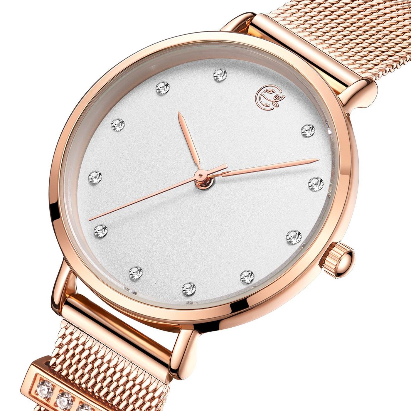 MEGIR 7022 women's quartz watch, white dial with crystal markers and rose-gold mesh bracelet, angled view