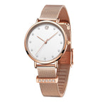 MEGIR 7022 women's quartz watch, white dial and rose-gold mesh bracelet, front angle view