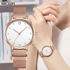 MEGIR 7022 women's quartz watch, white dial with crystal markers and rose-gold mesh bracelet, front and wrist view