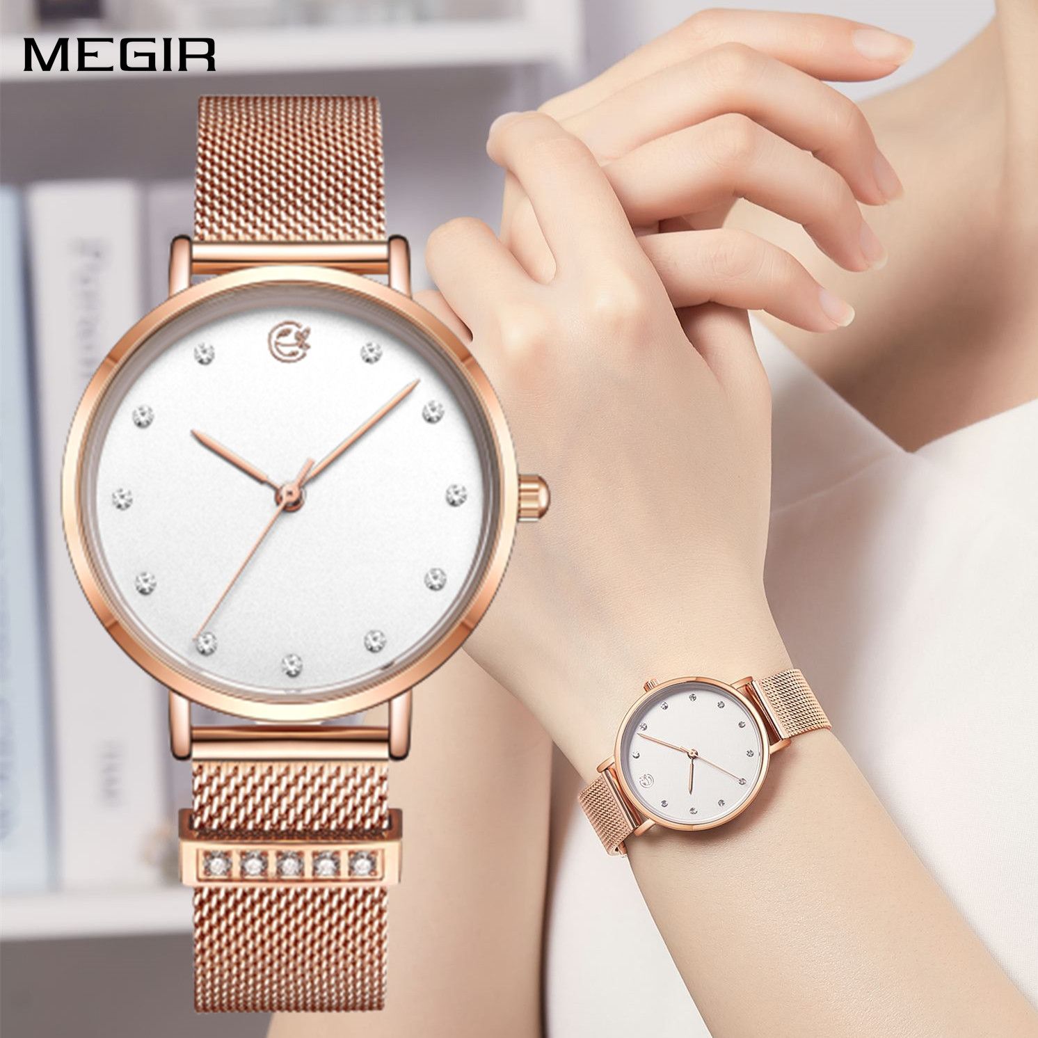 MEGIR 7022 women's quartz watch, white dial with crystal markers and rose-gold mesh bracelet, front and wrist view