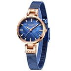 MEGIR 7025 women's quartz watch, blue dial with crystal markers and blue mesh bracelet, angled view