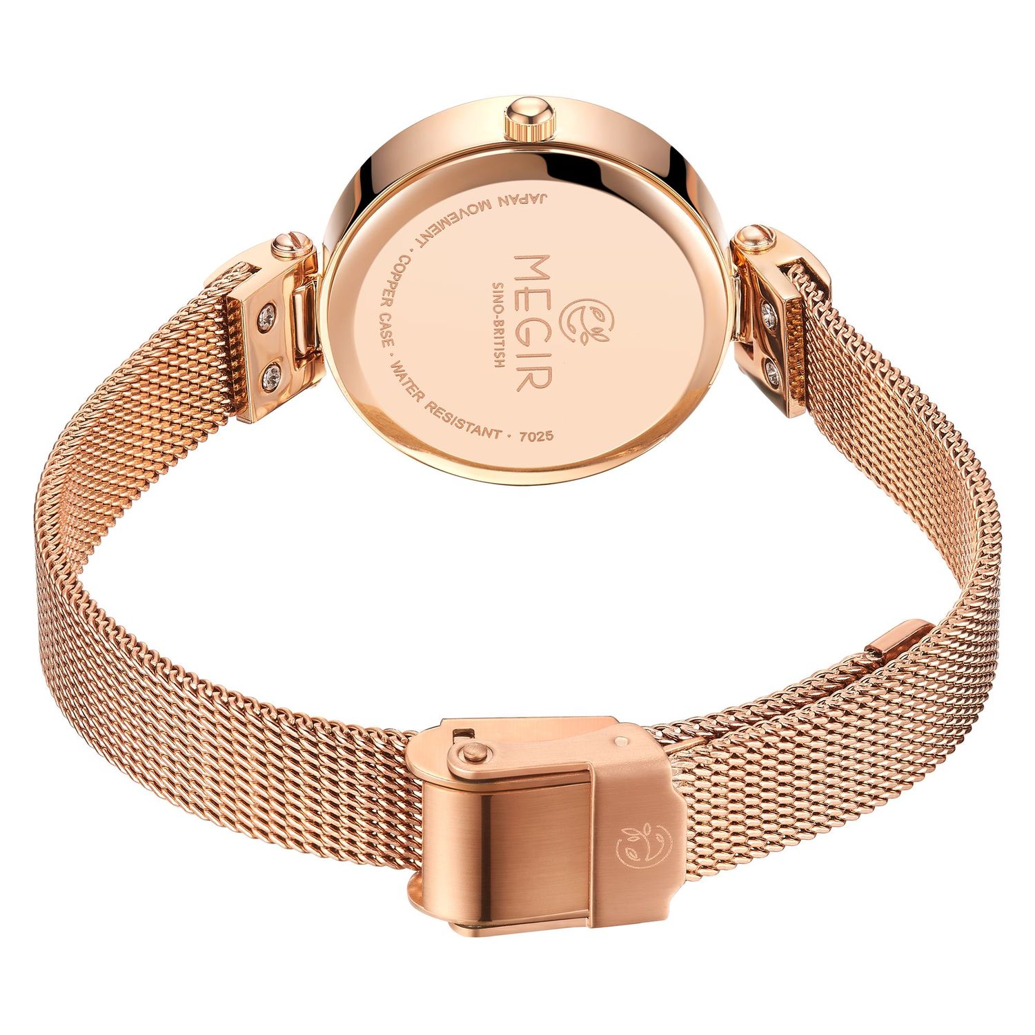 MEGIR 7025 quartz watch rose-gold-tone caseback with engraved branding and rose-gold mesh bracelet