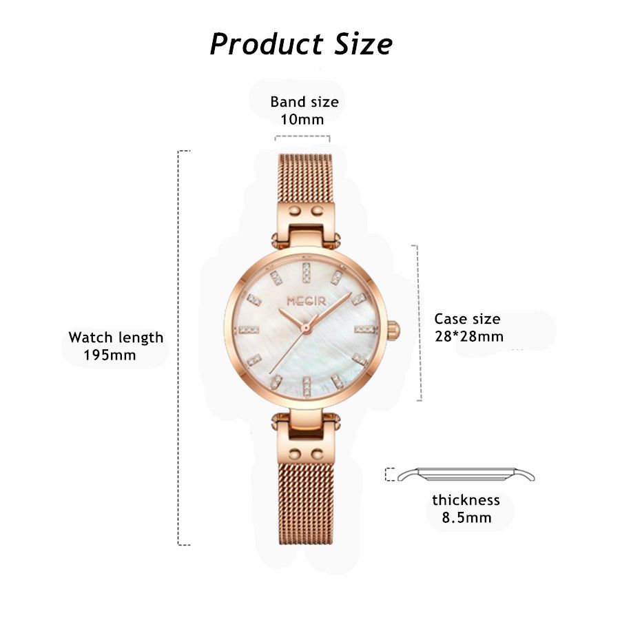 MEGIR 7025 women's quartz watch product size graphic with case, band and length dimensions, pink model