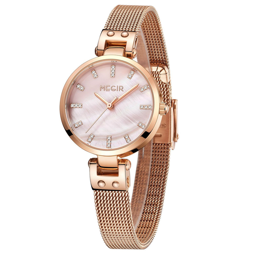 MEGIR 7025 women's quartz watch, pink dial with crystal markers and rose-gold mesh bracelet, angled view