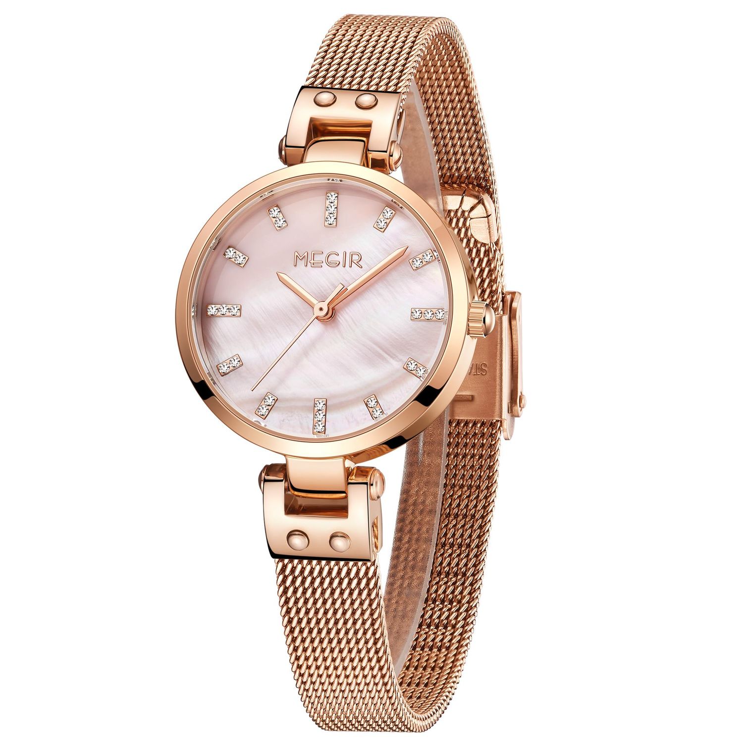 MEGIR 7025 women's quartz watch, pink dial with crystal markers and rose-gold mesh bracelet, angled view