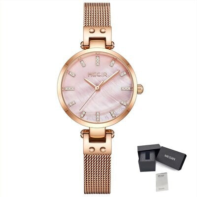 MEGIR 7025 women's quartz watch, pink dial with crystal markers and rose-gold mesh bracelet, front with gift box
