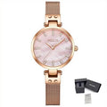 MEGIR 7025 women's quartz watch, pink dial with crystal markers and rose-gold mesh bracelet, front with gift box
