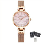 MEGIR 7025 women's quartz watch, pink dial with crystal markers and rose-gold mesh bracelet, front with gift box