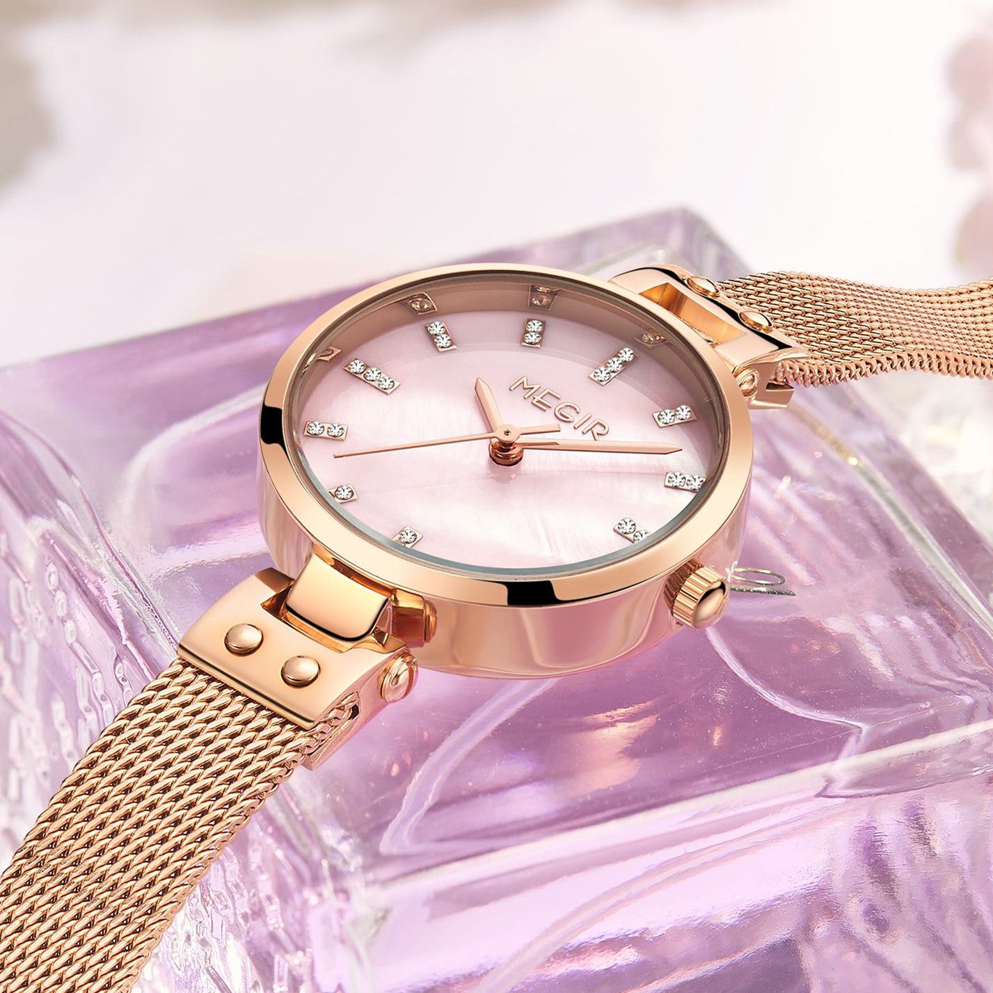 MEGIR 7025 women's quartz watch, pink dial and rose-gold mesh bracelet, styled on crystal