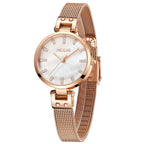 MEGIR 7025 women's quartz watch, white dial and rose-gold mesh bracelet, angled view
