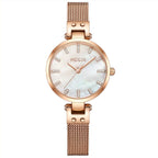 MEGIR 7025 women's quartz watch, white dial with crystal markers and rose-gold mesh bracelet, front view