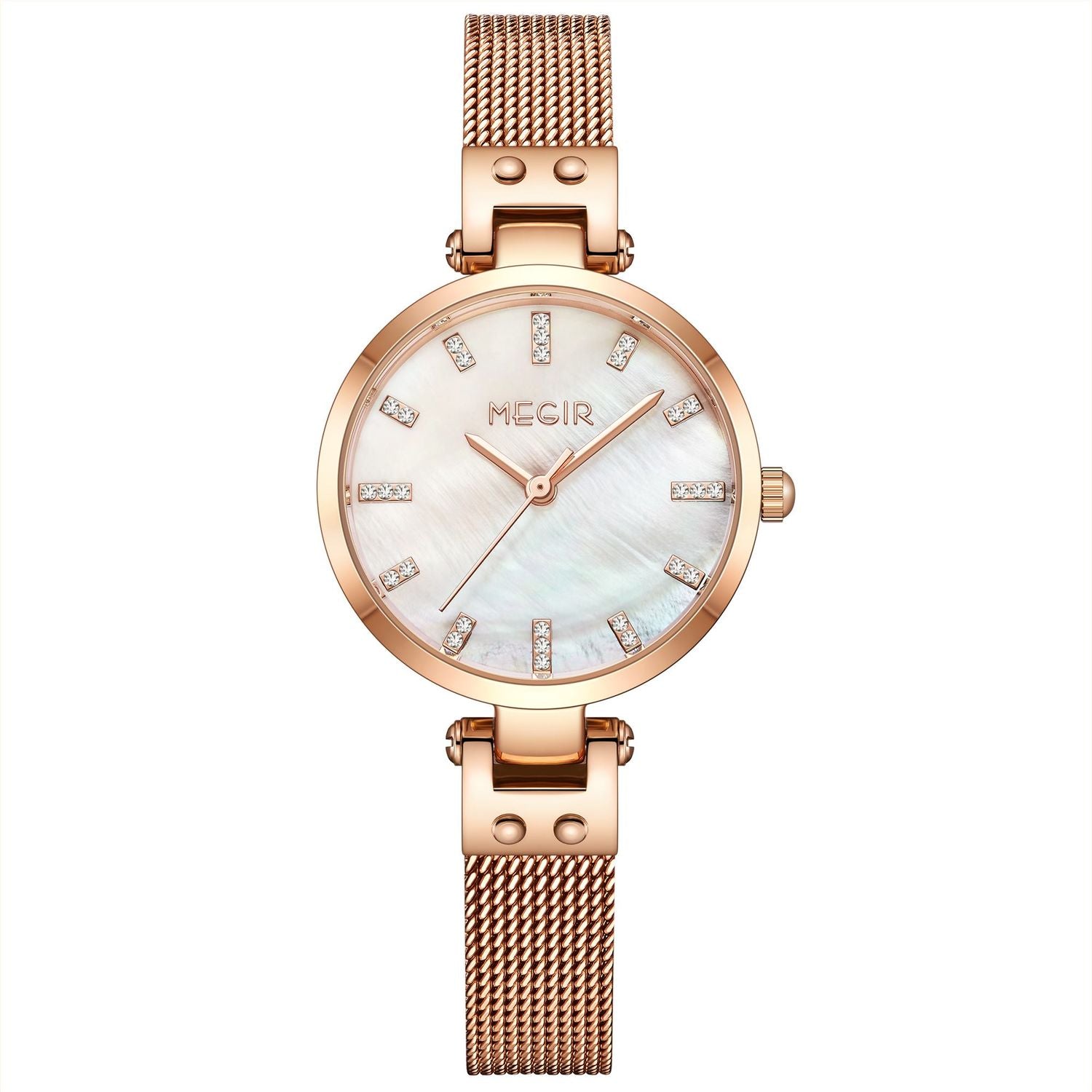 MEGIR 7025 women's quartz watch, white dial with crystal markers and rose-gold mesh bracelet, front view