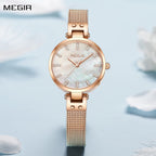 MEGIR 7025 women's quartz watch, white dial with crystal markers and rose-gold mesh bracelet, styled view