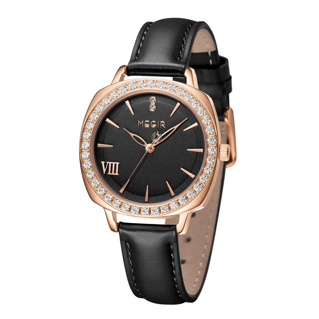 MEGIR 7029 women's diamond quartz watch, rose-gold case, black dial and black leather strap, front view