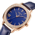 MEGIR 7029 women's diamond quartz watch, rose-gold crystal-set bezel, blue dial and blue leather strap, angled view