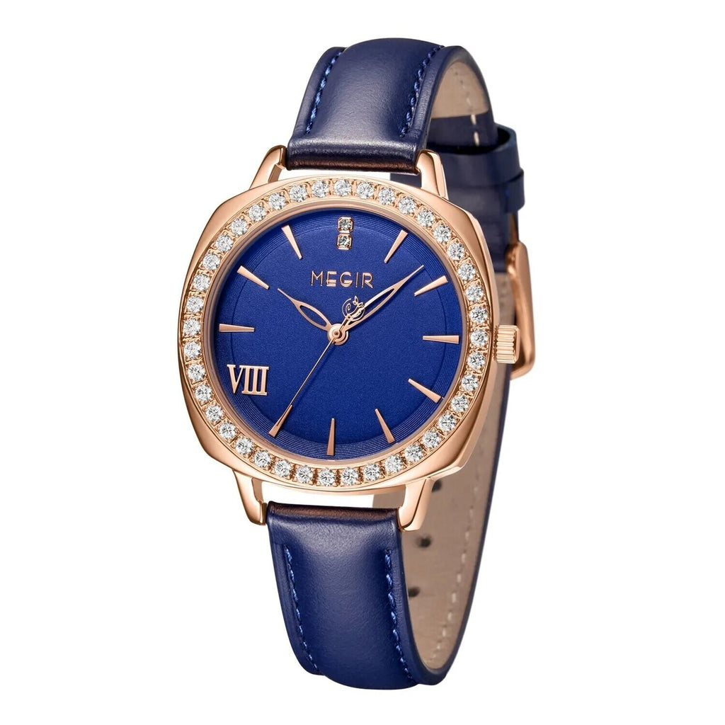 MEGIR 7029 women's diamond quartz watch, rose-gold case, blue dial and blue leather strap, front view