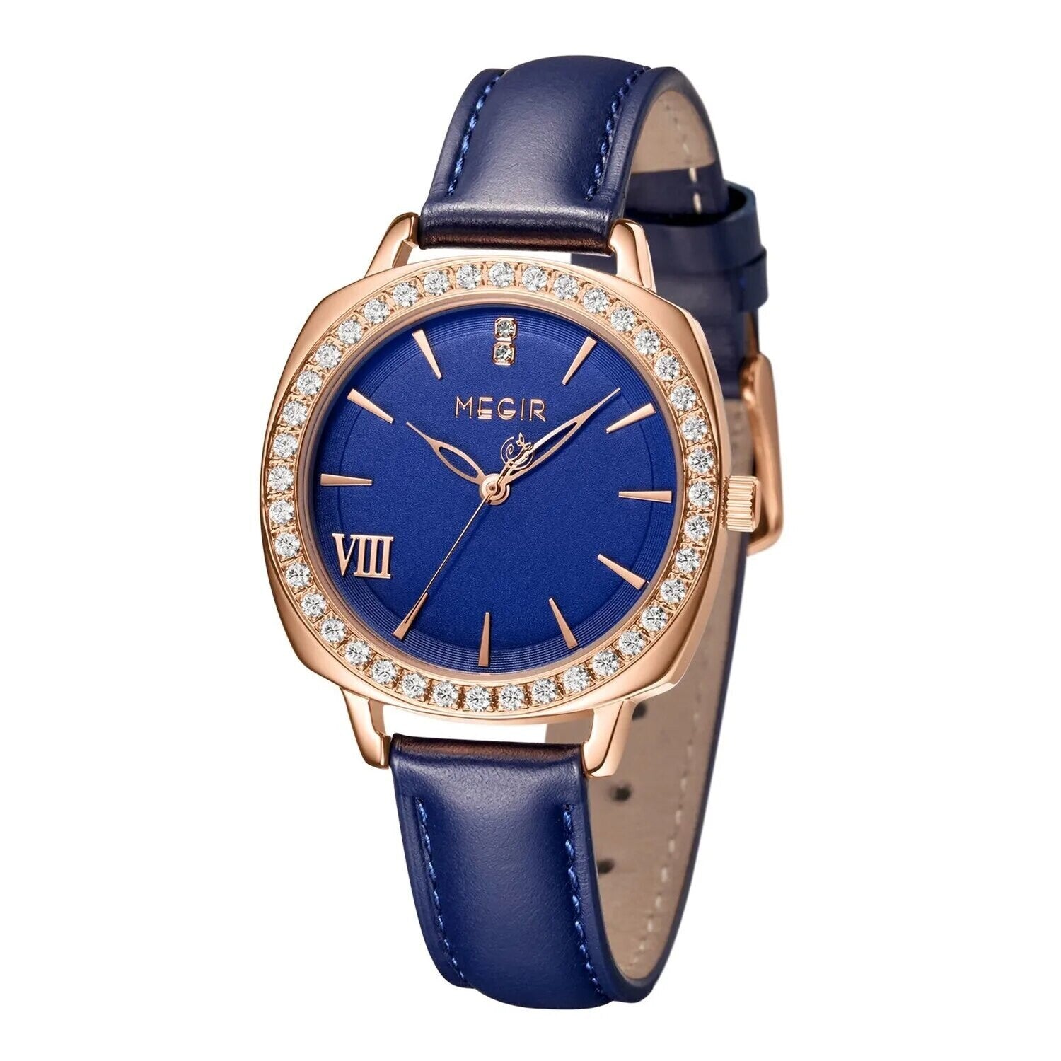 MEGIR 7029 women's diamond quartz watch, rose-gold case, blue dial and blue leather strap, front view