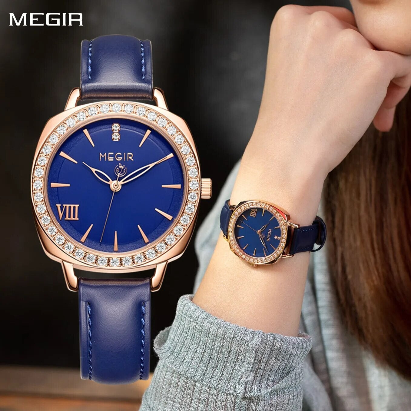 MEGIR 7029 women's diamond quartz watch, rose-gold case, blue dial and blue leather strap, front and wrist view
