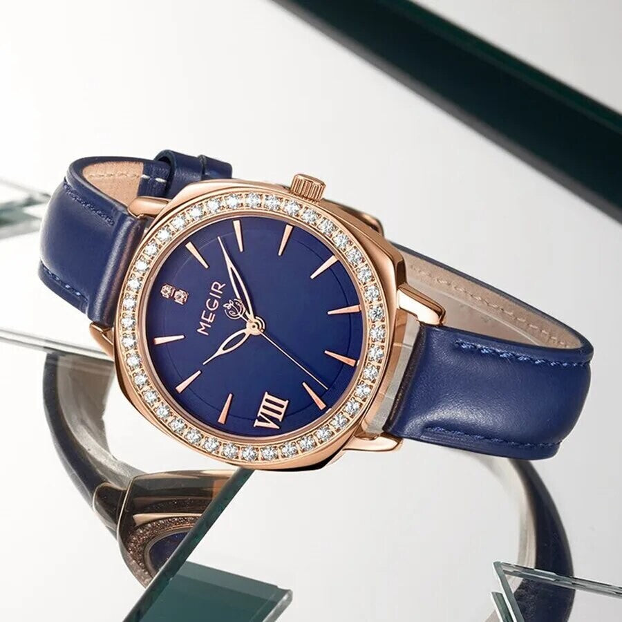 MEGIR 7029 women's diamond quartz watch, rose-gold case, blue dial and blue leather strap, styled on glass