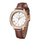 MEGIR 7029 women's diamond quartz watch, rose-gold case, white dial and brown leather strap, front view