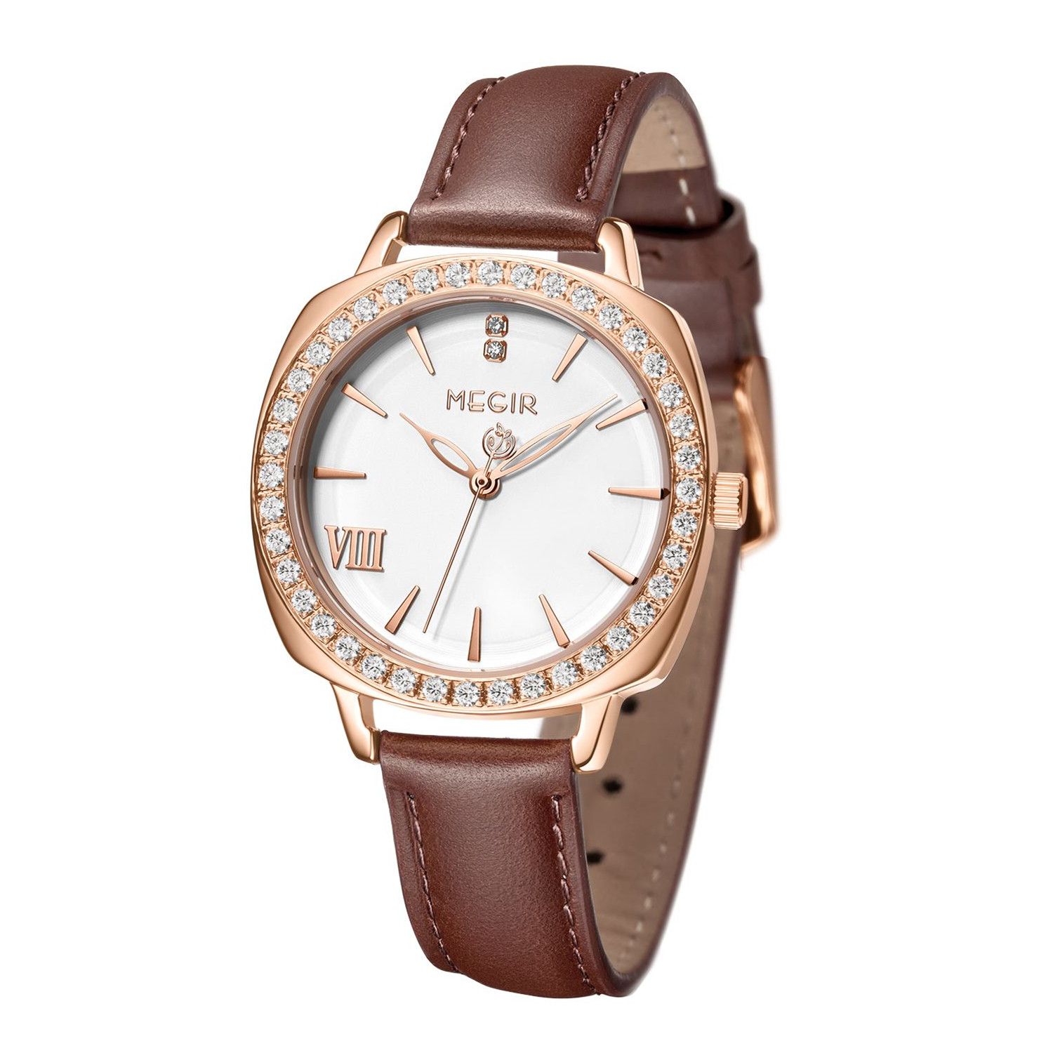 MEGIR 7029 women's diamond quartz watch, rose-gold case, white dial and brown leather strap, front view