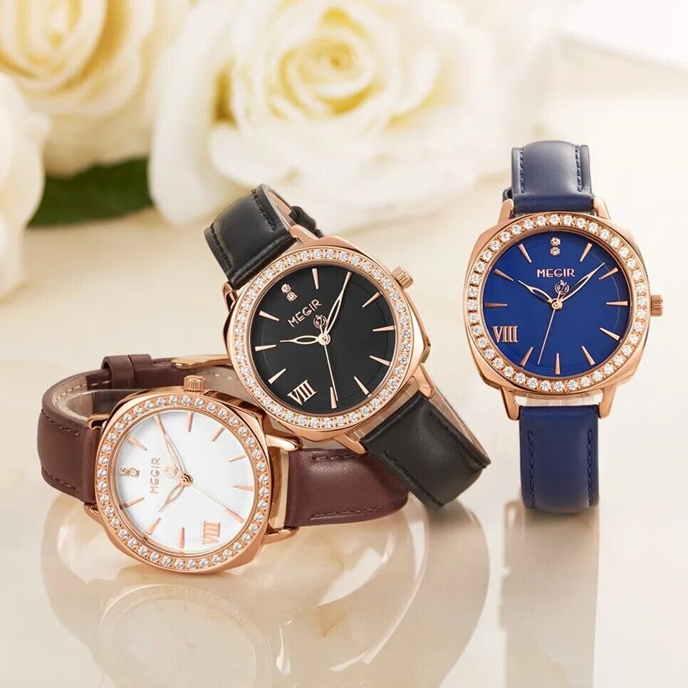 MEGIR 7029 women's diamond quartz watch color options showing white-brown, black and blue leather models