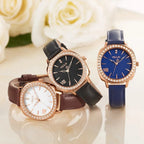 MEGIR 7029 women's diamond quartz watch color options showing white-brown, black and blue leather models