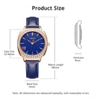 MEGIR 7029 women's diamond quartz watch product size graphic with case, thickness and band dimensions, blue model